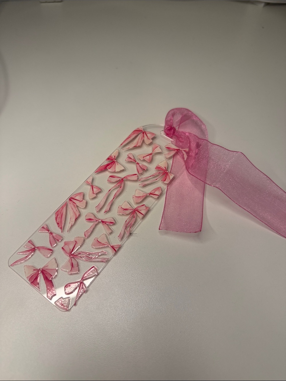 Acrylic Pink Ribbon Bow Decorative Bookmark with Sheer Ribbon